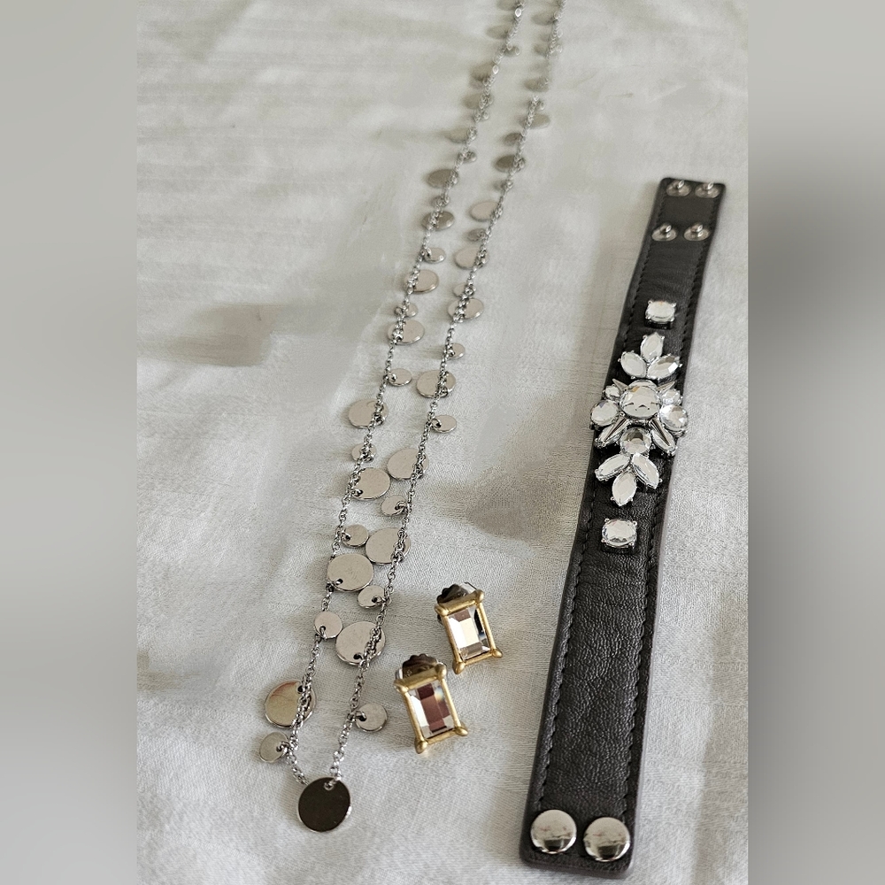 Lia Sophia Set of Earrings, Necklace, & leather snap bracelet